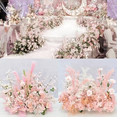 Pink series handmade wedding decor artificial flower Row plastic silk flower wall plant leaf home table flower row centerpiece