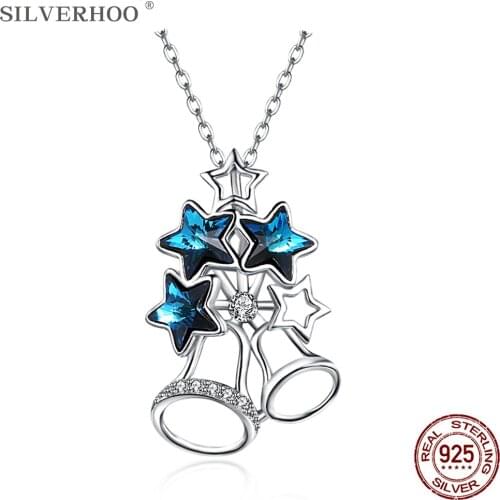 SILVERHOO 925 Sterling Silver Shining Bells Pendant Necklaces For Women Austria Blue Stars Crystal Christmas Gift For Girlfriend