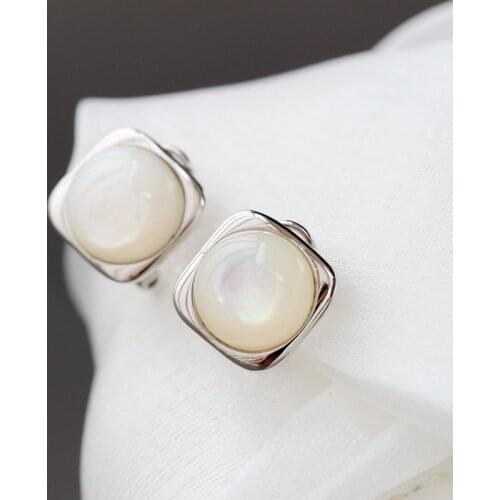Authentic 925 Sterling Silver Earstuds Inlaid Natural Pearl Shellfish Geometric Square Fashion Earrings Lady Trendy Jewelry Gift