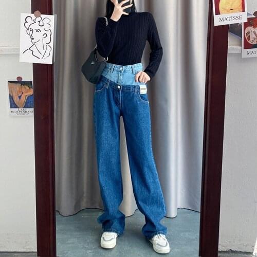 Vintage Fake 2 Piece Jeans Patchwork Women Chic Contrast Color High Waist Wide Leg Full-Length Denim Trouser Jeans Pants Denim