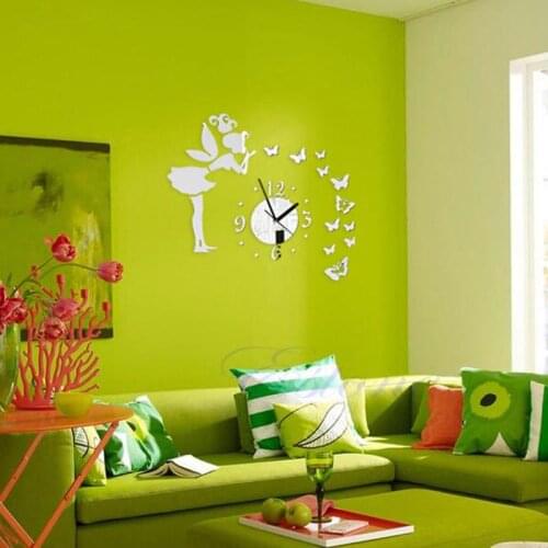 W3JA Modern Butterfly Fairy Clock DIY 3D Art Mirror Wall Sticker Kids Room Home Decor