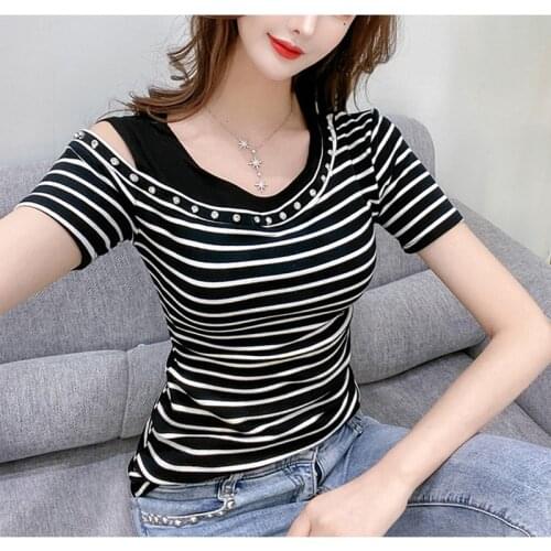 Summer Cotton T Shirt Short Sleeve Off Shoulder Rivets Tee shirt Femme 2021 Korean Fashion Women Clothing Plus Size Tshirts