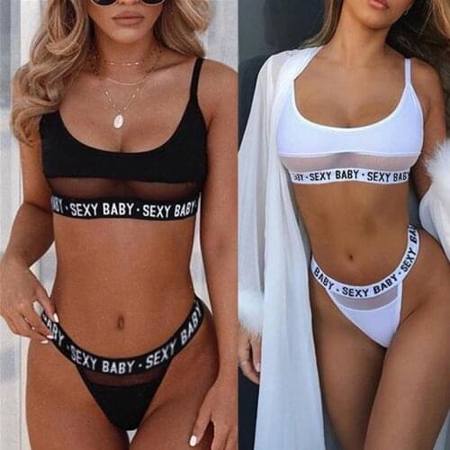 Plus Size Bikini Set Swimwear Women Transparent Swimsuit Sexy Letter Print Mesh Patchwork Thong Sport Bathing Suit Lingerie 2021