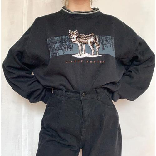 B-TOTO American Retro Black And Gray Embroidery Round Neck Sweater Women Tide Ins Spring And Autumn Thin Top