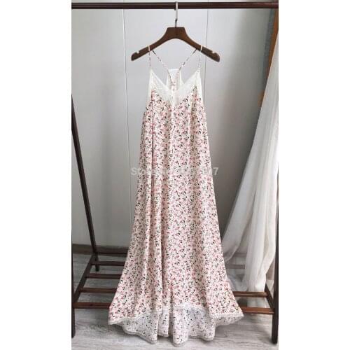 ElfStyle Top Version Silk 100% Ladies Lace Patchwork Spaghetti Strap Midi Dress - Newest Women Thin Shoulder Strap Dress