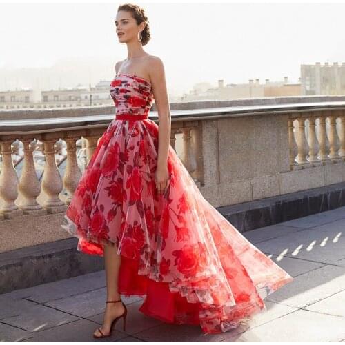 Vintage Summer Strapless Rose Floral Print A Line Short Front Long Back Lady Evening Gown