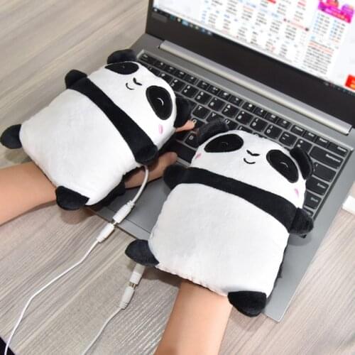 -1Pair USB Heated Gloves Electric Heating Hand Warmers Fingerless Cute Panda Shape Hand Warmer Office Home Work Gloves