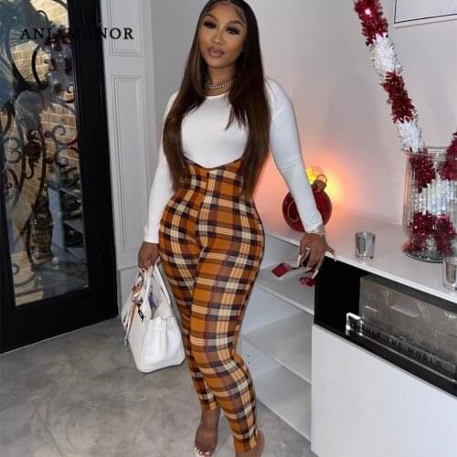 ANJAMANOR Sexy Plaid 2 Piece Sets Womens Going Out Outifts To The Club Cute Jumpsuits for Women Long Sleeve Top Pants D63-CH40