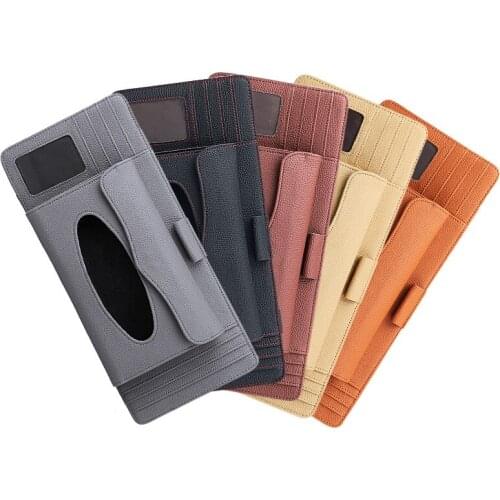 Car Sun Visor Tissue Box PU Leather Multifunction Card Tissue Box Cover Case