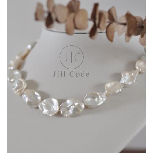 White keshi pearl necklace, real pearl necklace, 20mm pearl, Keishi, Flat baroque pearl necklace