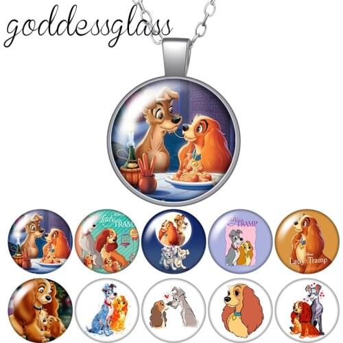 Disney Lady and the Tramp Dogs Round Glass glass cabochon silver plated/Crystal pendant necklace jewelry Gift