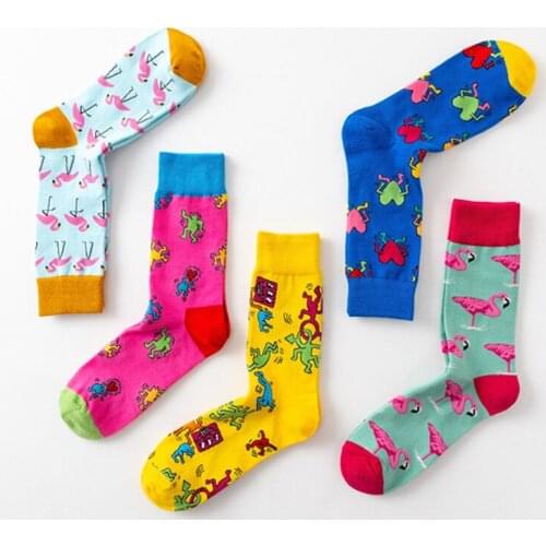 Cotton Men Women Fashion Flamingo Graffiti Funny Autumn Winter Cartoon Lovers Happy Character Long Crew Socks