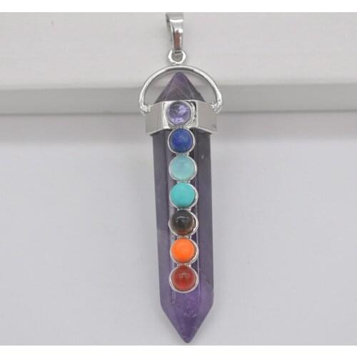 Natural Purple Crystal 7 Chakra Natural Stone GEM Pendant Hexagon Pendulum Women Jewelry S3115