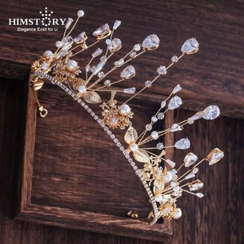 Himstory Handmade Cubic Zircon Bridal Hairbands Wedding Hair Accessories Gold Leaf Crystal Headband Women Party Hair Jewelry