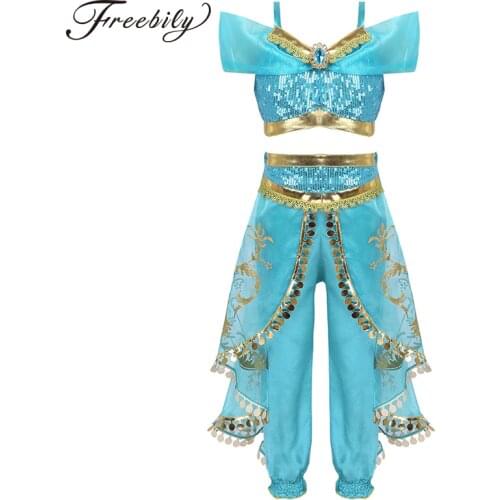 Kids Girls Princess Glittery Sequins Rhinestone Costume Outfit Off Shoulder Crop Top with Pants Halloween Cosplay Party Dress Up