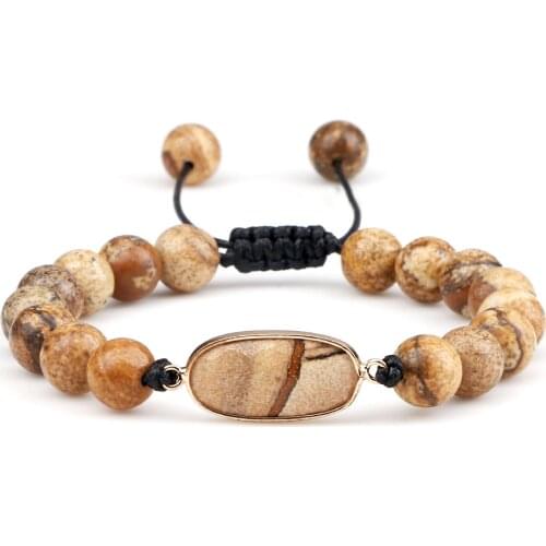 Hot Men Bracelet Handmade Picture Jasper Round Beads Pendant Bracelet Woven Rope Couples Bangle For Women Charm Jewelry Pulseras