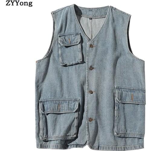 New 2020 Male Casual Summer Cotton Denim Vest Mens Sleeveless Jacket Multi Pocket Photograph Waistcoat