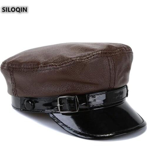 SILOQIN New Genuine Leather Hat Autumn Winter Quality Cowhide Military Hats Trend Men Women Elegant Fashion Flat Cap Snapback