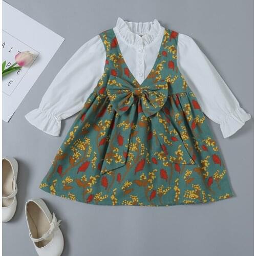 In the fall of 2020, new girls' fashion dress, flower and solid color stitching style skirt, fashion girls dress
