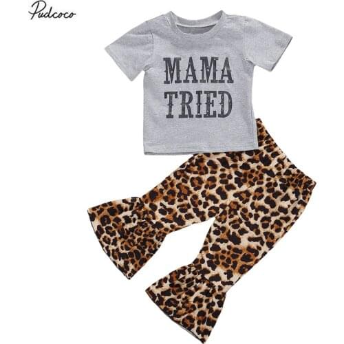 2020 Casual Toddler Girls Letter Print Gray Short Sleeve T-shirt Tops+Leopard Print Flare Pants Summer 2pcs Outfits Set
