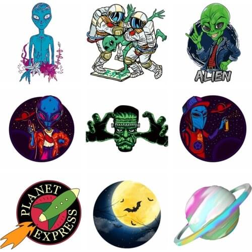 Pulaqi Heat Transfer Vinyl Alien Patch Iron On Transfer For Clothing UFO Stripes DIY Space Astronaut Thermal Stickers On Clothes