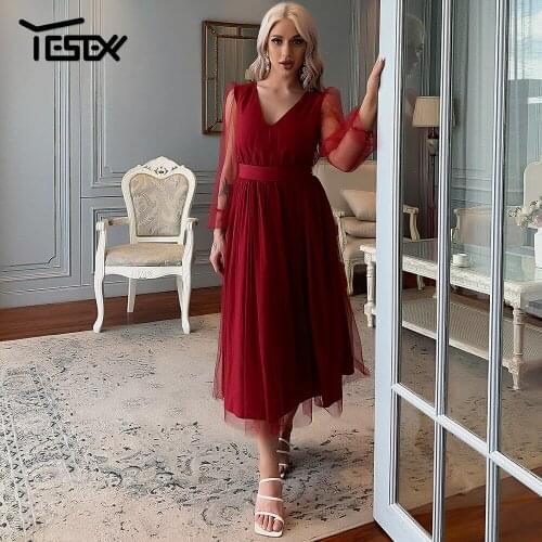 Yesexy Sexy Deep V Neck Long Lantern Sleeve Midi Dress Women Black Pink Burgundy See Through Mesh Dress Summer Party Dress M0396