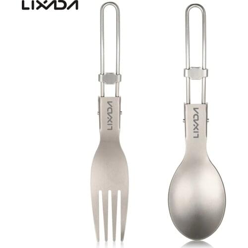 Lixada Folding Spoon Fork Titanium Spork Hiking Camping Tableware Flatware Lightweight Handle For Picnic Outdoor Camping Travel