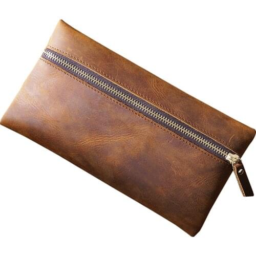 100% Nature Genuine Leather Retro Pen Bag Vantage Big Capacity Cowhide Zipper Pencil Case Holder Office School Supplies Gift