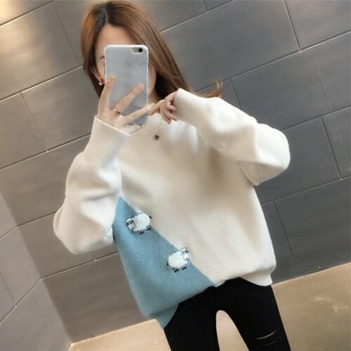 Long Sleeve Sweater knitted Pullover Women 2021 New Autumn Winter Korean Loose Outerwear Patchwork Cartoons Tops Clothes