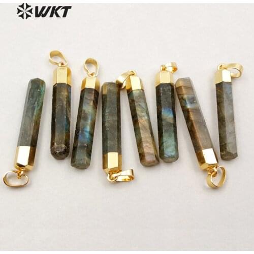 WT-P1179 Wholesale fashion jewelry natural labradorite High-quality hexahedral labradorite rods with 24K electroplated necklace
