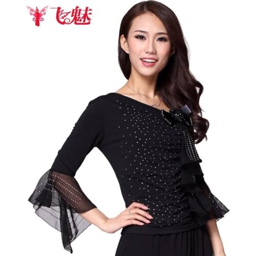 Womens Square dance clothes crystal cotton&net yarn tops Latin dance Hot drilling Medium Long-sleeved top for sale
