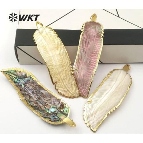 WT-P819 Big size 4'' Genuine shell feather charm pendant ,natural abalone shell pendant can mix color shell pendant for necklace