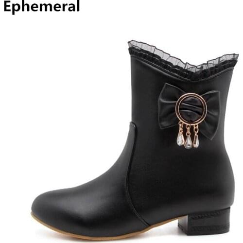 Lady White Riding Boots Low Heel Round Toe Shoes Lace Botas With Zippers Bow Larger Size 34 43 Warm Plush Ankle Boots For Winter