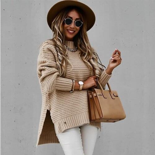 Foridol Stand Collar Khaki Knitted Oversized Sweater Pullovers Women Winter Plus Size Slit Long Sweater Tops Casual Jumper