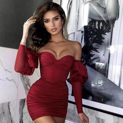 High Quality Red Long Puff Sleeve Off The Shoulder Rayon Bandage Dress Elegant Evening Party Dress Vestidos