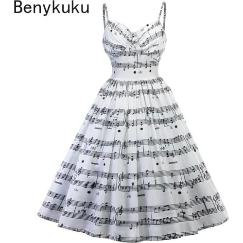 Music Note Print V-neck Rockabilly Pin Up Party Dress Women Vintage Dresses Sexy Spaghetti Strap Vestidos 4XL Plus Size Clothing
