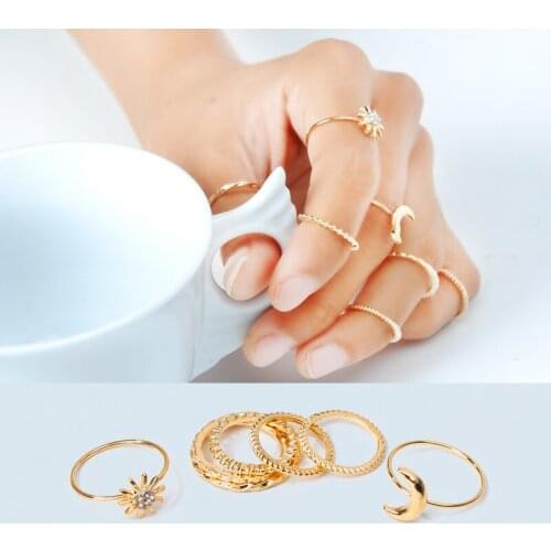 7Pcs/Set Fashion Gold color Crystal Moon Finger Knuckle Ring For Women Anillo Bague Femme Best Friend Christmas Gifts