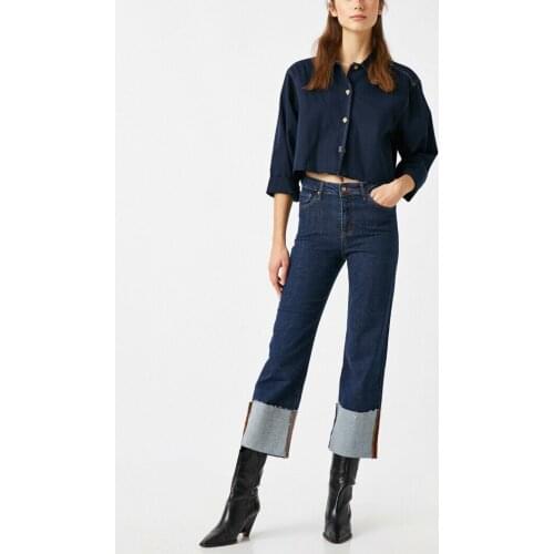 High Waist Wide Leg Jeans turn-up hems Dark Indigo color with pockets womens new season jeans casual chic street style fashion