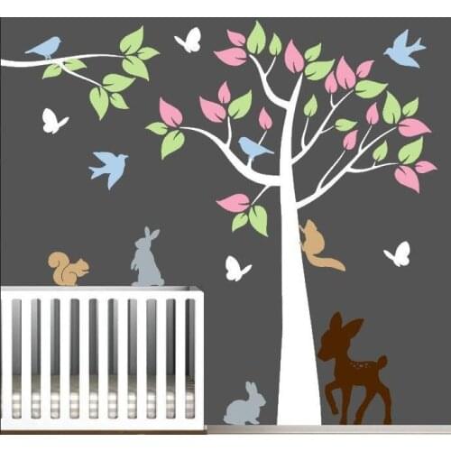 Colorful Tree Nursery Vinyl Wall Decals with Forest Animals and Branch diy Wall Stickers Large Tree Home Decor Living Room ZA804
