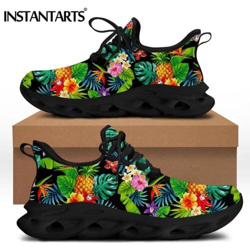 INSTANTARTS Pretty Tropical Hibiscus and Pineapple Pattern Ladies Flat Shoes Casual Lace up Mesh Sneakers Comfort Zapatillas