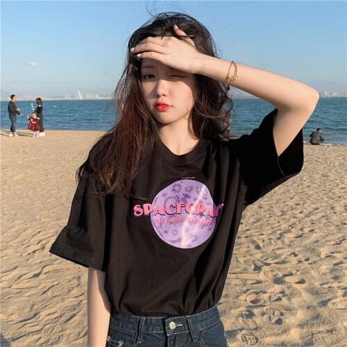 Summer college style letter printing half-sleeved mid-length loose cotton T-shirt all-match casual women