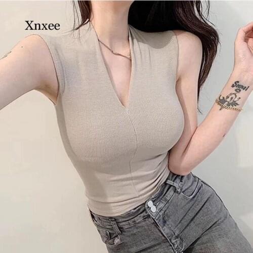 Sexy V-Neck Thin Knitted Tank Sweet Women Plain Tanktop Trend Summer Sleeveless Off Shoulder Tops Clothing Vest