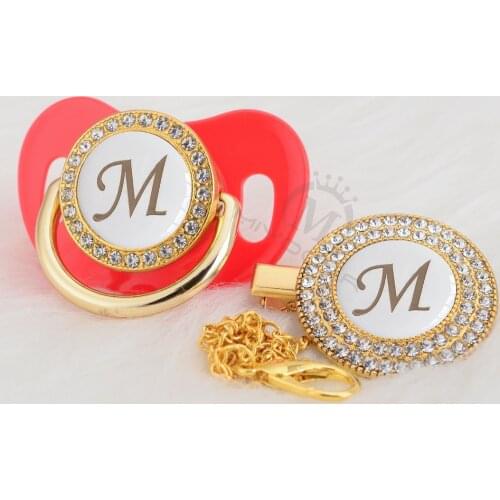 MIYOCAR silver name bling Initial letter M elegant bling pacifier and pacifier clip BPA free dummy bling babyshower gift LM-W