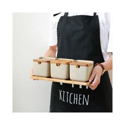 Japanese Style Creative Simple Bamboo Cover Ceramic Seasoning Pot Kitchen Seasoning Box Moisture-proof Salt Pot Three-piece Set