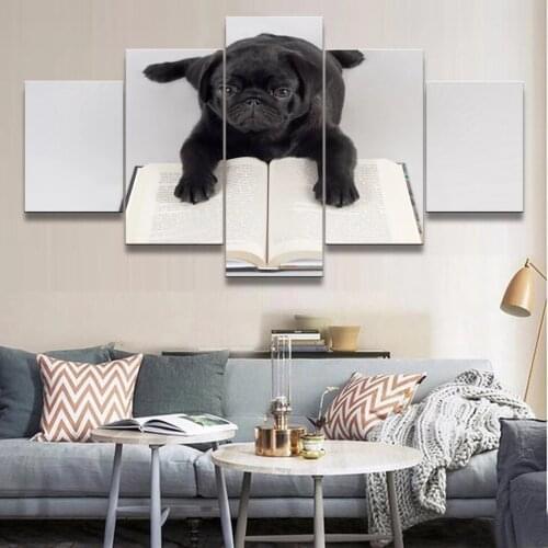 Wall Art Modular Black Dog and Book Posters and Prints Home Decorative for Living Room 5 Pieces Modern Canvas Painting No Frame