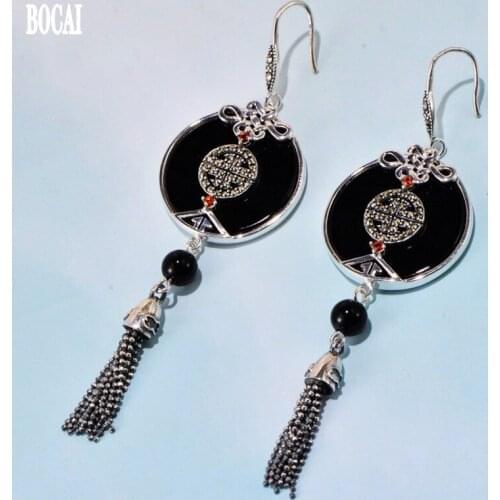 BOCAI 2020 New 100% real S925 silver earrings exquisite atmosphere black agate fringe concentric knot tassel womens earrings