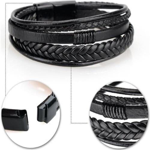 New 2020 Trendy Genuine Leather Bracelets Men Stainless Steel Multilayer Braided Rope Bracelets for Male Female Bracelets