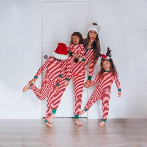 Family Matching Clothes Christmas Pajamas Set Red White Striped Casual Mother Daughter Baby Kids Long Sleeve Shirt Pant 2021 New
