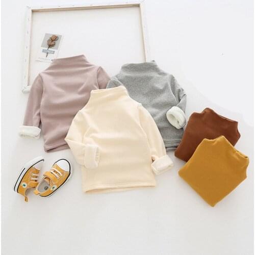 2020 Autumn Winter Kids Thicken Bottoming Shirts Solid Cotton Plus Velvet Turtleneck Tshirt for Boys Girls 2-7 Y Baby Warm Tops