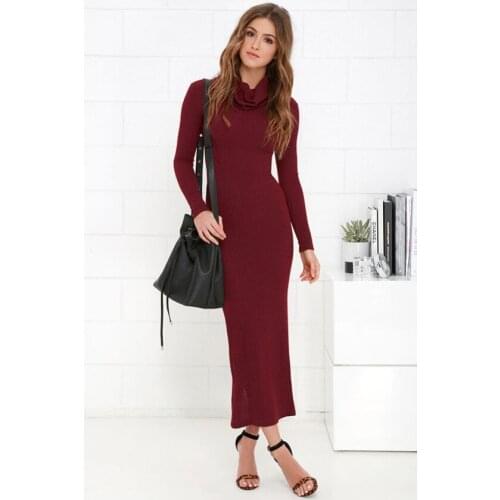 Autumn and Winter Womens Long Dresses Pile Collar Long Sleeves Back Slit Office Basic Long Dress